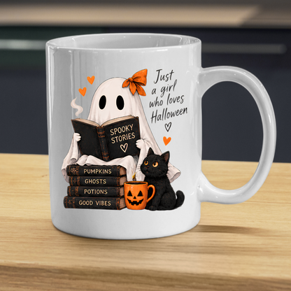 Halloween Mug "Reading Ghost Just a Girl Who Loves Halloween" 325ml Ceramic Coffee Mug–Cute Halloween Autumn Tea Cup With Reading Sheet Ghost Spooky Books Cat Graphic Gift | Available in Multicolours | Fast Dispatch by UK Seller (M3227)