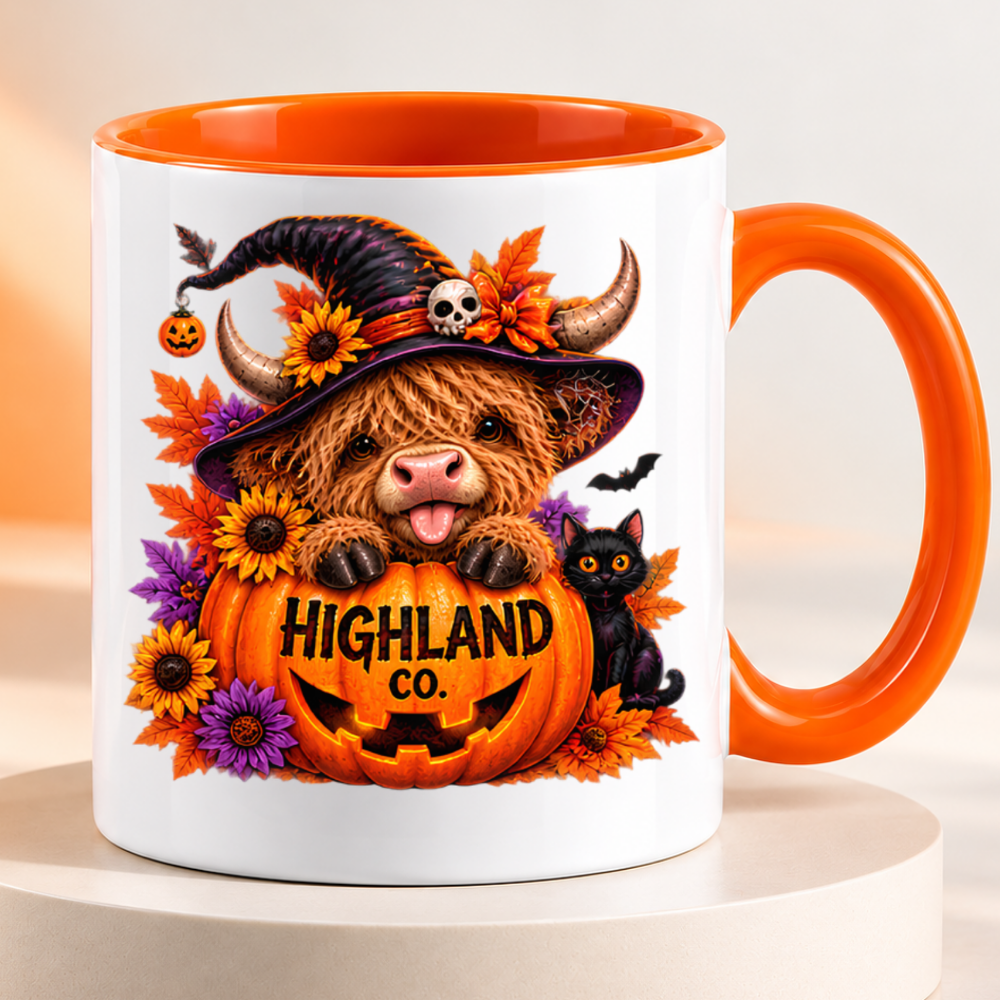 Halloween Mug "Highland Cow Witch Pumpkin" Highland Cow Witch Pumpkin 325ml Ceramic Coffee Mug – Cute Halloween Autumn Tea Cup with Highland Cow Witch Hat Jack O Lantern Black Cat Sunflowers Graphic Gift | Fast Dispatch by UK Seller (M3210)