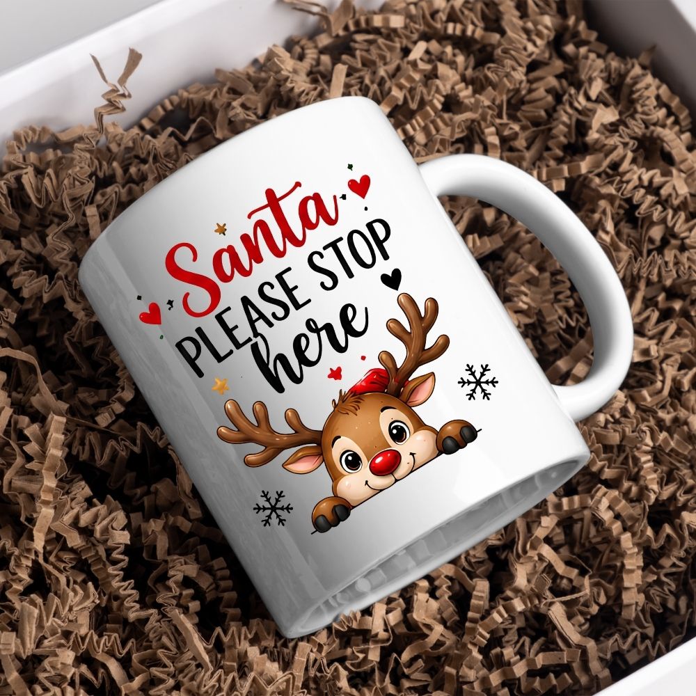 Festive Mug "Santa Please Stop Here" Reindeer Peeking 325ml Ceramic Coffee Mug Cute Winter Holiday Tea Cup with Red Nose, Snowflakes & Hearts Gift | Available in Multicolours | Fast Dispatch by UK Seller (M1274)