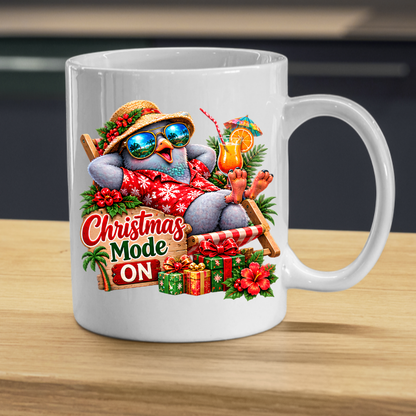 Tropical Christmas Mug "Christmas Mode ON Cool Bird" 325ml Ceramic Coffee Mug – Funny Tropical Christmas Bird in Hawaiian Shirt Sunglasses Straw Hat Relaxing On Deck Chair Holiday Gift | Available in Multicolours | Fast Dispatch by UK Seller (M3270)