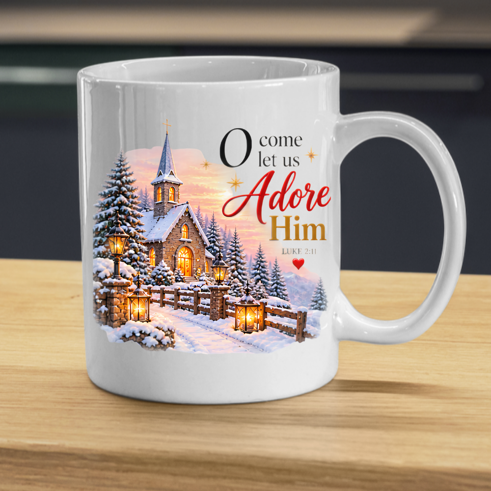 Christmas Mug "O Come Let Us Adore Him Luke 2:11" O Come Let Us Adore Him 325ml Ceramic Coffee Mug – Festive Winter Church Scene Mug with Lanterns Snow Dusted Trees Holiday Gift | Available in Multicolours | Fast Dispatch by UK Seller (M3322)