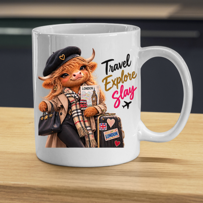 Travel Mug "Travel Explore Slay Highland Cow" Travel Explore Slay Highland Cow 325ml Ceramic Coffee Mug – Chic London Travel Tea Cup with Beret Trench Coat Scarf Graphic Gift | Available in Multicolours | Fast Dispatch by UK Seller (M3199)