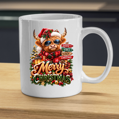 Christmas Mug "Merry Christmas Good Vibes Cozy Christmas" Merry Christmas 325ml Ceramic Coffee Mug – Cute Highland Cow Santa Mug with Good Vibes Cozy Christmas Signs & Presents | Festive Holiday Gift | Fast Dispatch by UK Seller (M3336)