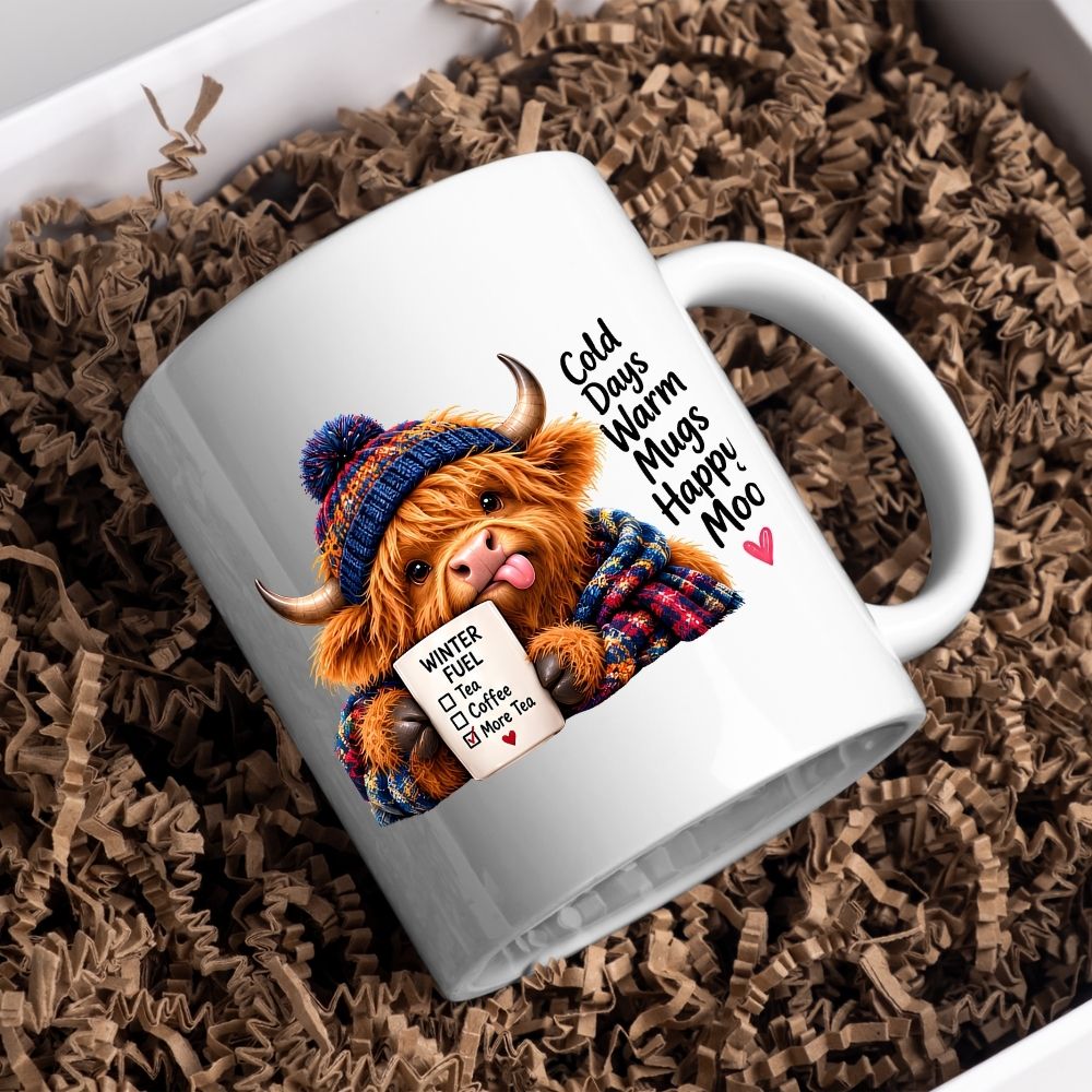 Cozy Mug "Cold Days Warm Mugs Happy Moo" Highland Cow 325ml Ceramic Coffee Mug – Winter Fuel Tea Cup with Knitted Beanie, Scarf & Hearts Gift | Available in Multicolours | Fast Dispatch by UK Seller (M1280)