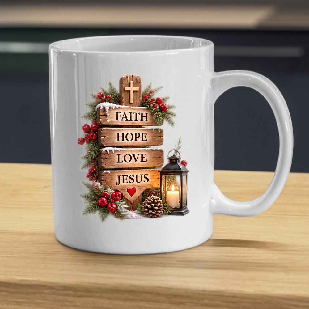 Christmas Mug "Faith Hope Love Jesus Wooden Signpost" 325ml Ceramic Coffee Mug – Christian Christmas Mug With Cross Candle Lantern Pine Sprigs Rustic Festive Gift | Available in Multicolours | Fast Dispatch by UK Seller (M3302)