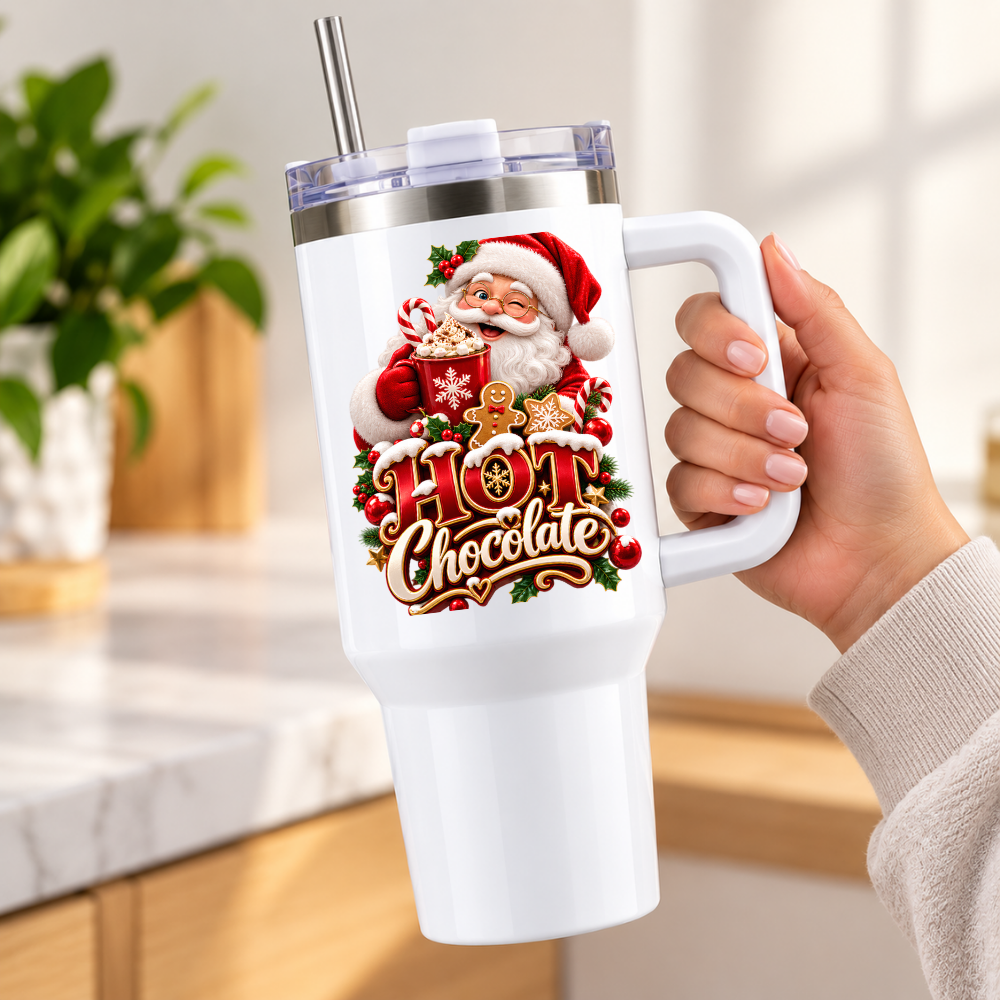 Festive Christmas Travel Tumbler "Hot Chocolate" Graphic 40oz Stainless Steel Insulated Travel Mug with Handle & Straw – Santa Claus with Cocoa Mug, Gingerbread Man & Candy Cane Holiday Gift | Fast Dispatch by UK Seller (T3069)