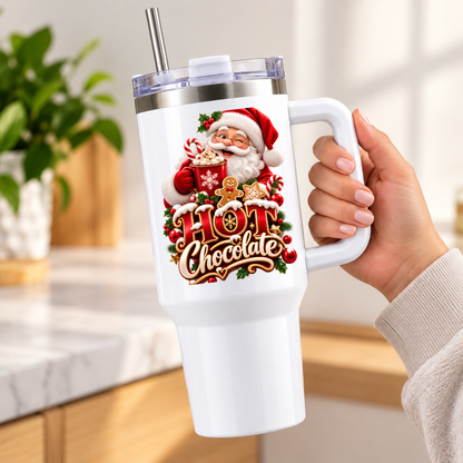 Festive Christmas Travel Tumbler "Hot Chocolate" Graphic 40oz Stainless Steel Insulated Travel Mug with Handle & Straw – Santa Claus with Cocoa Mug, Gingerbread Man & Candy Cane Holiday Gift | Fast Dispatch by UK Seller (T3069)