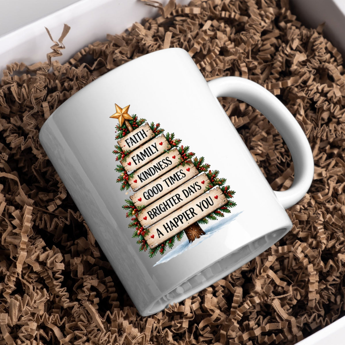 Inspirational "Faith Family Kindness Good Times Brighter Days A Happier You" Wooden Sign Christmas Tree 325 ml Ceramic Coffee Mug Festive Winter Holiday Tea Cup with Golden Star & Rustic Plank Design Gift (M1263)
