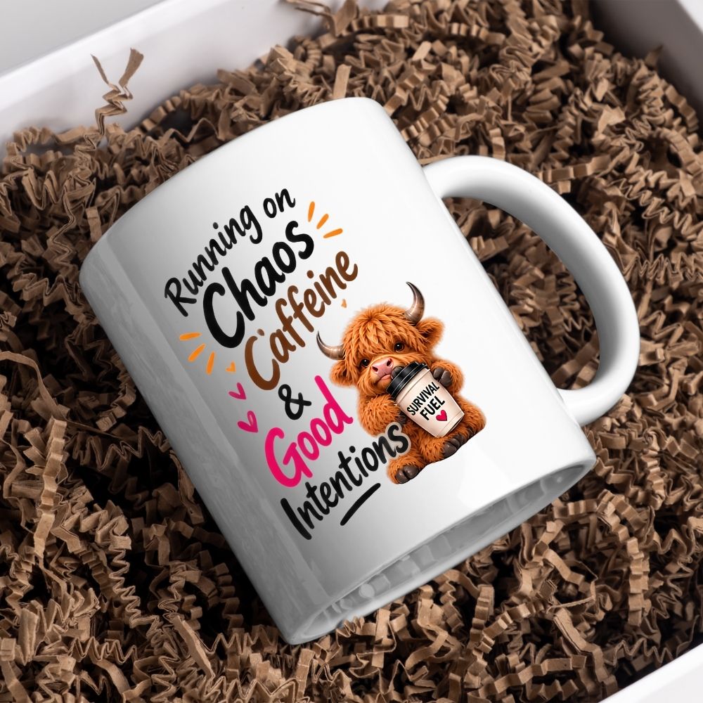 Humorous Mug "Running on Chaos Caffeine & Good Intentions" Highland Cow 325ml Ceramic Coffee Mug Funny Coffee Lover Tea Cup with Survival Fuel Cup Gift | Available in Multicolours | Fast Dispatch by UK Seller (M1286)