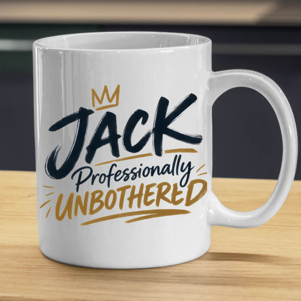 Personalized Name Mug "Jack Professionally Unbothered" Jack Professionally Unbothered 325ml Ceramic Coffee Mug – Custom Name Typography Slogan with Gold Crown & Brushstroke Accents | Funny Gift | Fast Dispatch by UK Seller (M3421)