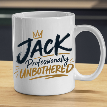 Personalized Name Mug "Jack Professionally Unbothered" Jack Professionally Unbothered 325ml Ceramic Coffee Mug – Custom Name Typography Slogan with Gold Crown & Brushstroke Accents | Funny Gift | Fast Dispatch by UK Seller (M3421)