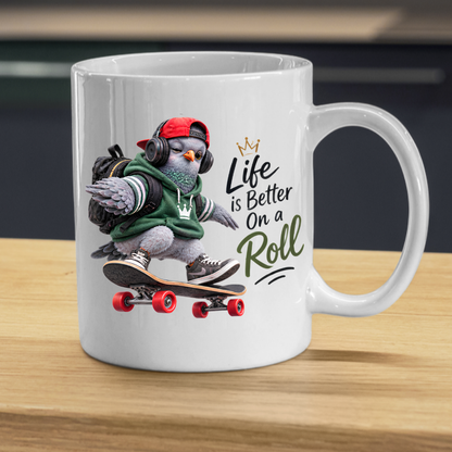 Skateboard Mug "Life Is Better On A Roll Cool Pigeon" 325ml Ceramic Coffee Mug – Cool Skater Pigeon with Red Cap, Headphones Green Hoodie Skateboard Gift For Skaters Friends | Available in Multicolours | Fast Dispatch by UK Seller (M3239)