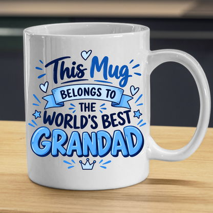 Grandad Mug "This Mug Belongs To The World's Best Grandad" Funny Grandfather Coffee Cup 350ml, Ceramic Novelty Gift for Grandpa Granddad Pops, Birthday Christmas Father's Day Gift from Grandchildren, Secret Santa | Fast Dispatch by UK Seller (M1057)