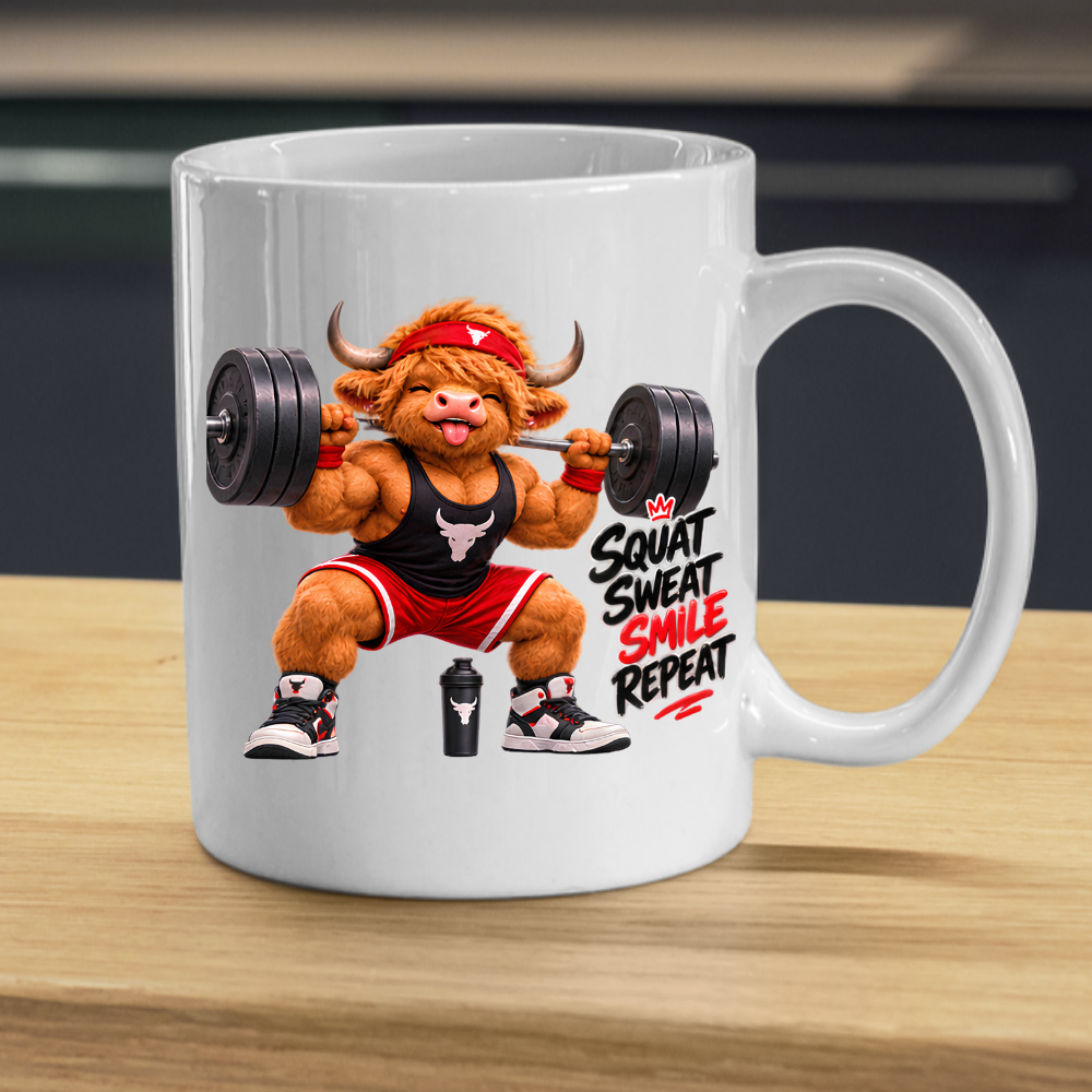 Gym Mug "Squat Sweat Smile Repeat Highland Cow" Squat Sweat Smile Repeat 325ml Ceramic Coffee Mug – Muscular Highland Cow Squatting Heavy Barbell In Headband Tank Top Gym Fitness Gift | Available in Multicolours | Fast Dispatch by UK Seller (M3276)