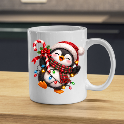 Christmas Mug "Happy Christmas Penguin Candy Cane" Happy Penguin 325ml Ceramic Coffee Mug – Festive Christmas Tea Cup with Santa Hat, Plaid Scarf Candy Cane Fairy Lights Graphic Gift | Available in Multicolours | Fast Dispatch by UK Seller (M3187)