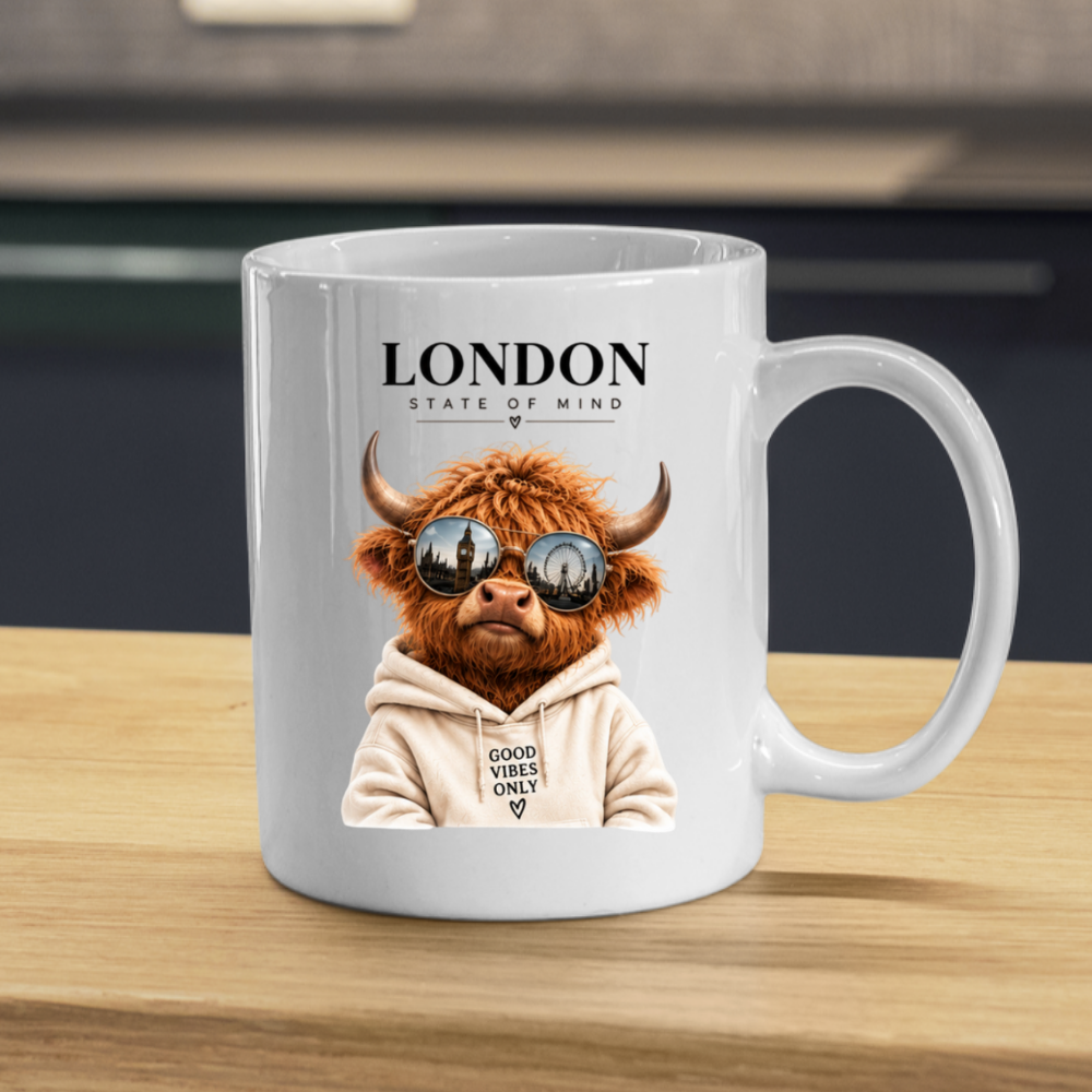 London State of Mind Highland Cow Mug "LONDON State of Mind, Good Vibes Only" Graphic 325ml Ceramic Coffee Cup Cool Highland Cow in Sunglasses Novelty Tea Cup | Trendy London Gift for Her & Him | Available in Multicolours | Fast Dispatch (M3139)
