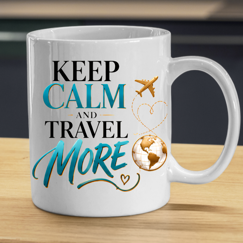 Travel Mug "Keep Calm And Travel More" 325ml Ceramic Coffee Tea Cup – Teal & Gold Typography, Globe & Airplane Slogan Novelty Gift for Travelers, Adventurers, Birthday – Fast Dispatch by UK Seller (M3495)