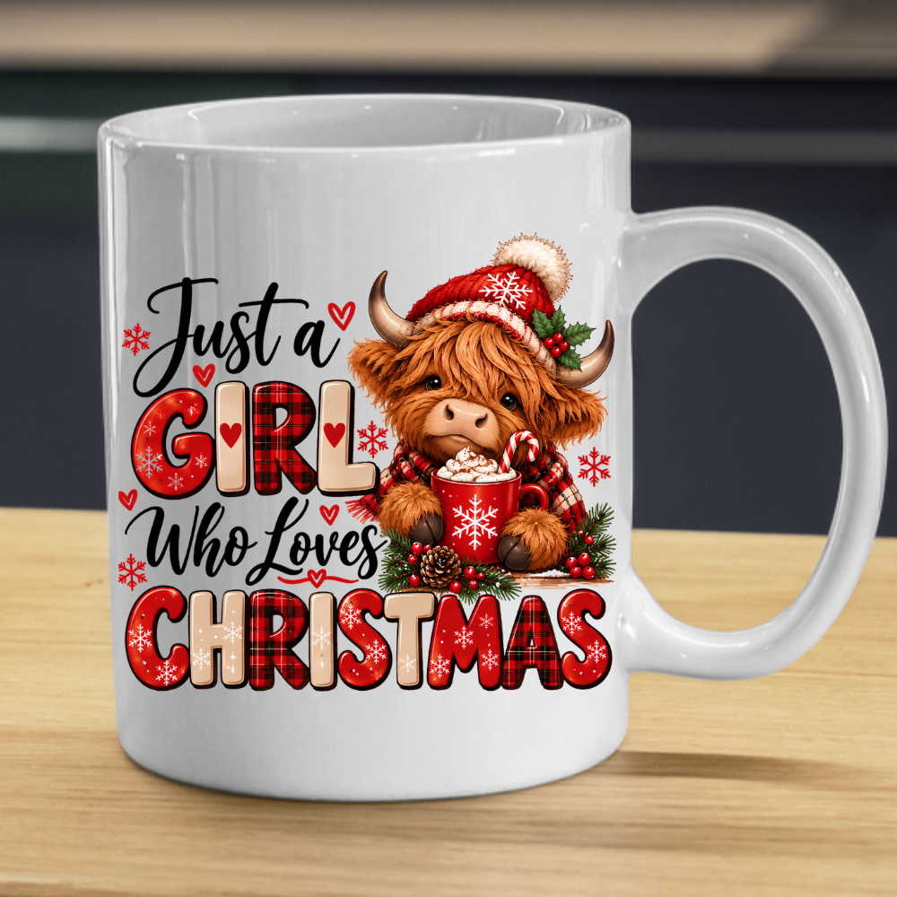 Christmas Highland Cow Mug "Just A Girl Who Loves Christmas" Just A Girl Who Loves Christmas 325ml Ceramic Coffee Mug – Festive Highland Cow in Santa Hat with Hot Cocoa & Buffalo Plaid Typography | Holiday Gift | Fast Dispatch by UK Seller (M3460)