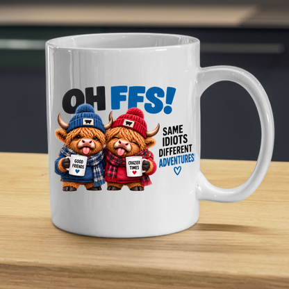 Winter Besties Highland Cows Mug "OH FFS! Same Idiots Different Adventures!" Oh Ffs! Same Idiots Different Adventures! 325ml Ceramic Coffee Mug –Cute Highland Cows in Bobble Hats with Mugs & Scarves | Funny Bestie Gift | Fast Dispatch by UK Seller (M3372)