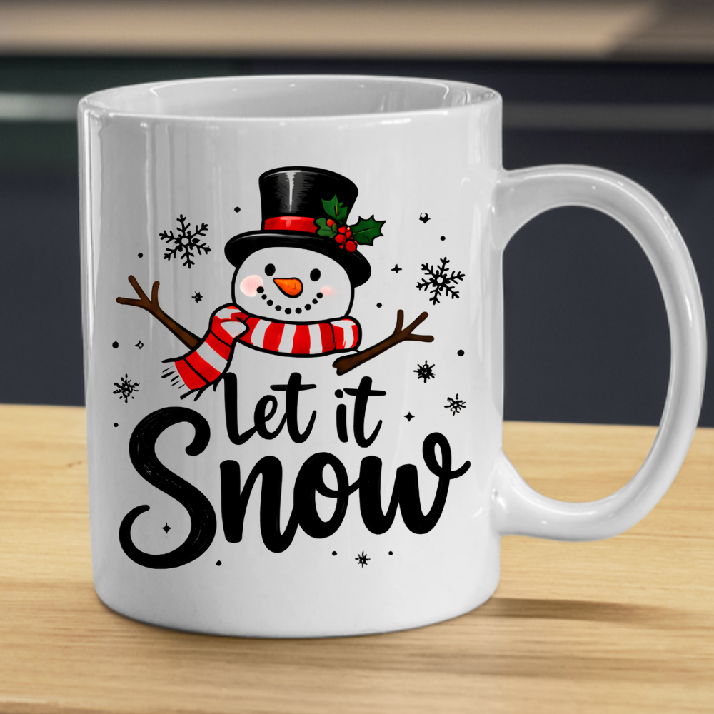 Snowman Christmas Mug "Let It Snow" Let It Snow 325ml Ceramic Coffee Mug – Cute Smiling Snowman with Top Hat, Red Striped Scarf & Flurry Snowflakes | Winter Holiday Gift | Fast Dispatch by UK Seller (M3433)
