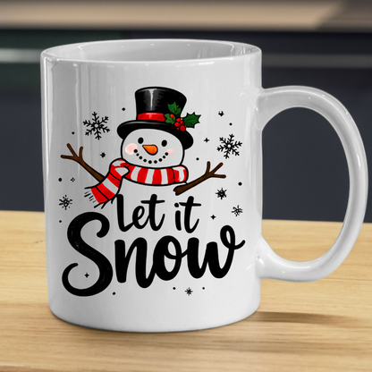 Snowman Christmas Mug "Let It Snow" Let It Snow 325ml Ceramic Coffee Mug – Cute Smiling Snowman with Top Hat, Red Striped Scarf & Flurry Snowflakes | Winter Holiday Gift | Fast Dispatch by UK Seller (M3433)