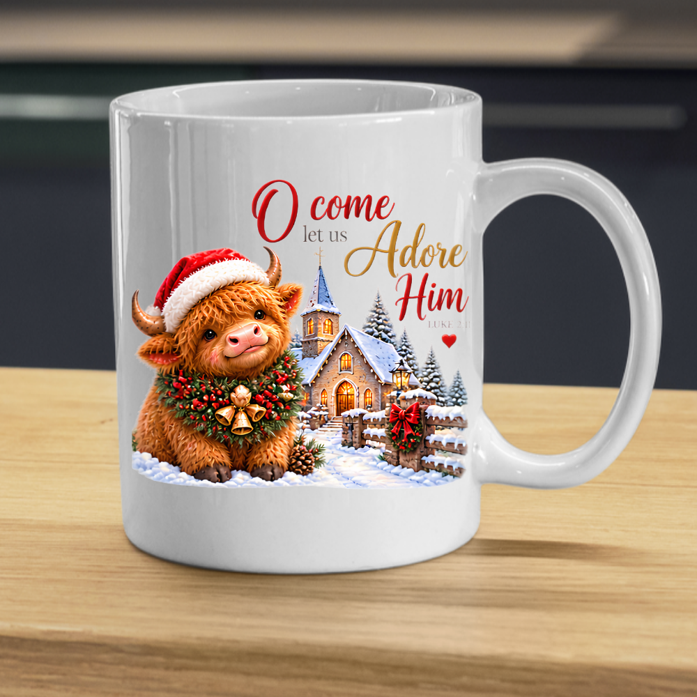Christmas Mug "O Come Let Us Adore Him Highland Cow" Luke 2:11 325ml Ceramic Coffee Mug – Festive Highland Cow Mug With Christmas Bells Snowy Church Fence Christian Holiday Gift | Available in Multicolours | Fast Dispatch by UK Seller (M3310)