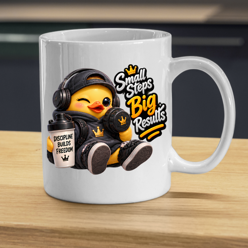 Fitness Mug "Small Steps Big Results Fitness Duck" 325ml Ceramic Coffee Mug – Cute Fitness Duck in Black Hoodie, Cap Headphones Holding Dumbbell Protein Shaker Gym Motivation Gift | Available in Multicolours | Fast Dispatch by UK Seller (M3257)