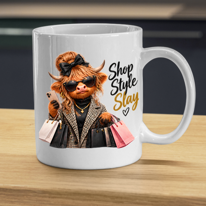 Highland Cow Mug "Shop Style Slay Highland Cow" Shop Style Slay 325ml Ceramic Coffee Mug – Glamorous Highland Cow with Shopping Bags, Smartphone Sunglasses Plaid Coat Fashion Gift | Available in Multicolours | Fast Dispatch by UK Seller (M3282)
