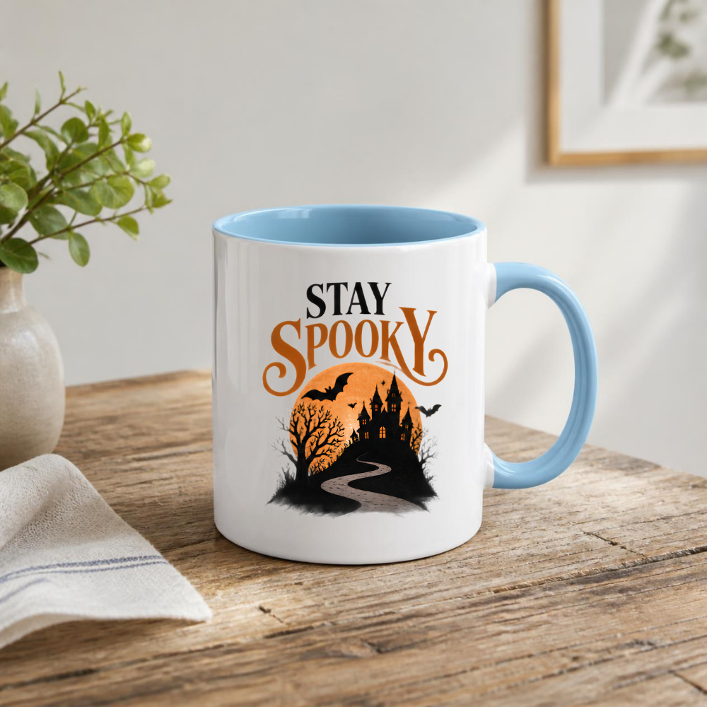 Halloween Mug "STAY SPOOKY" Haunted Castle 325ml Ceramic Coffee Mug Atmospheric Autumn Tea Cup with Full Moon, Winding Path & Bats Graphic Gift | Available in Multicolours | Fast Dispatch by UK Seller (M3080)