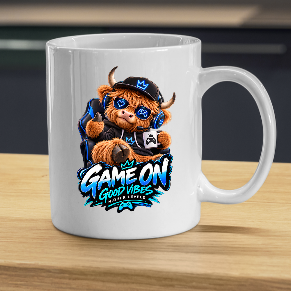 Gaming Mug "Game On Good Vibes Higher Levels" Game On Good Vibes Higher Levels 325ml Ceramic Coffee Mug – Cute Highland Cow Gamer in Chair with Headset, Mug & Blue Splatter Art | Video Game Gift | Fast Dispatch by UK Seller (M3348)