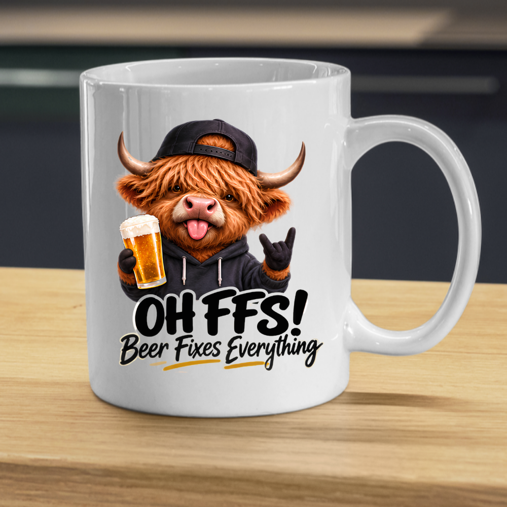 Highland Cow Beer Lover Mug "Oh FFS! Beer Fixes Everything" Oh FFS! Beer Fixes Everything 325ml Ceramic Coffee Mug – Cute Highland Cow in Hoodie & Cap Holding Pint Glass with Rock On Sign | Funny Gift | Fast Dispatch by UK Seller (M3390)