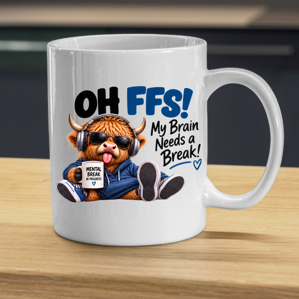 Highland Cow Mental Break Mug "OH FFS! My Brain Needs a Break!" Oh Ffs! My Brain Needs a Break! 325ml Ceramic Coffee Mug – Cute Highland Cow with Headphones, Sunglasses & "Mental Break" Mug | Funny Office Gift | Fast Dispatch by UK Seller (M3382)