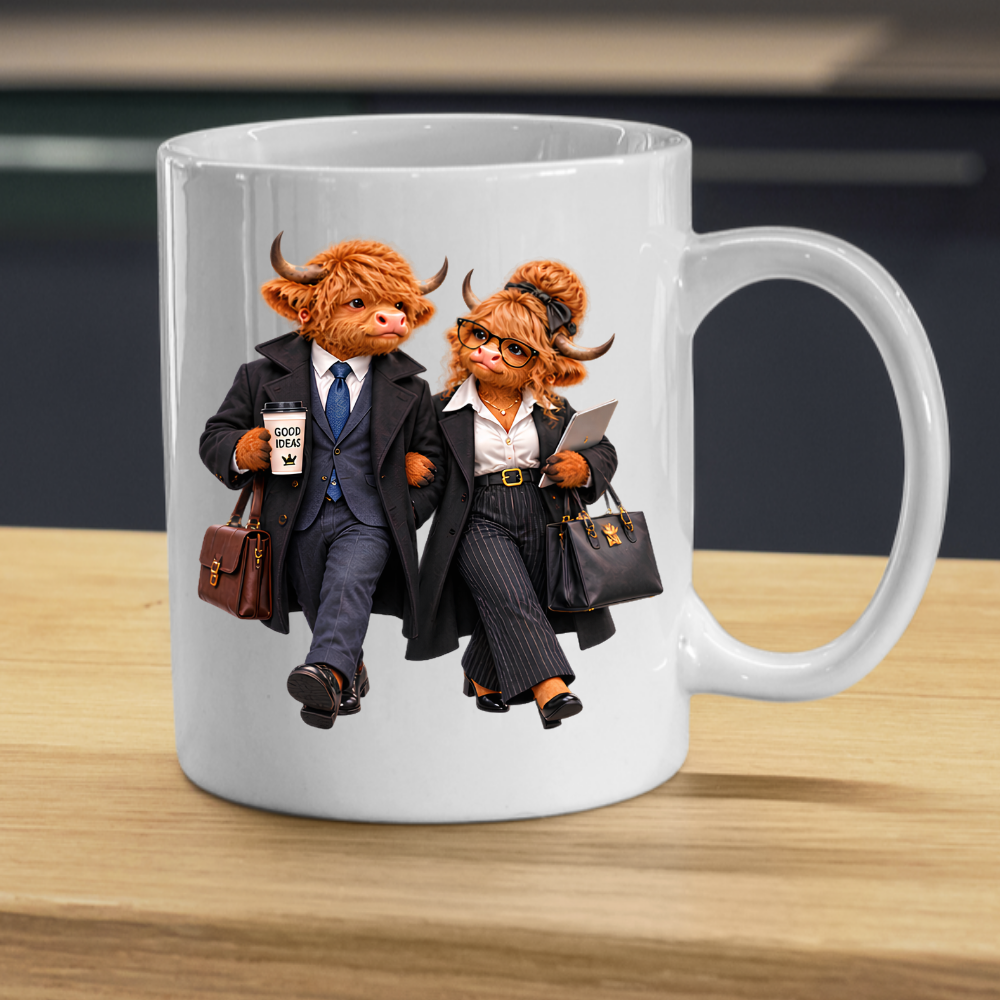 Business Mug "Professional Highland Cow Power Couple" Professional Highland Cow Power Couple 325ml Ceramic Coffee Mug – Stylish Office Corporate Tea Cup With Suits Coffee Graphic Gift | Available in Multicolours | Fast Dispatch by UK Seller (M3193)