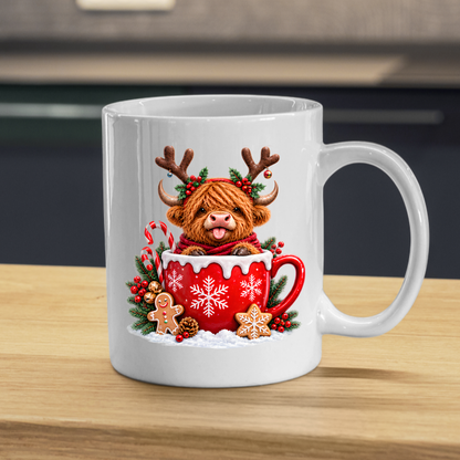 Christmas Mug "Reindeer Antlers Teacup Highland Cow" Reindeer Highland Cow 325ml Ceramic Coffee Mug – Cute Christmas Teacup Present with Gingerbread Man Candy Canes Graphic Gift | Available in Multicolours | Fast Dispatch by UK Seller (M3175)
