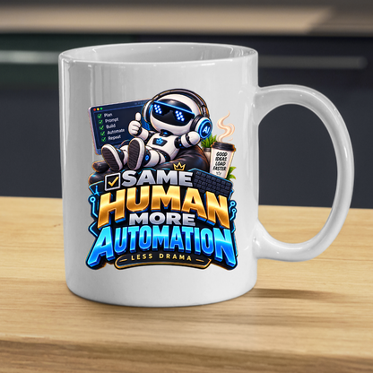 Tech Mug "Same Human More Automation Less Drama" Same Human More Automation Less Drama 325ml Ceramic Coffee Mug – Funny Robot IT Developer Mug with Plan Prompt Build Automate Repeat | Gift for Developers | Fast Dispatch by UK Seller (M3328)