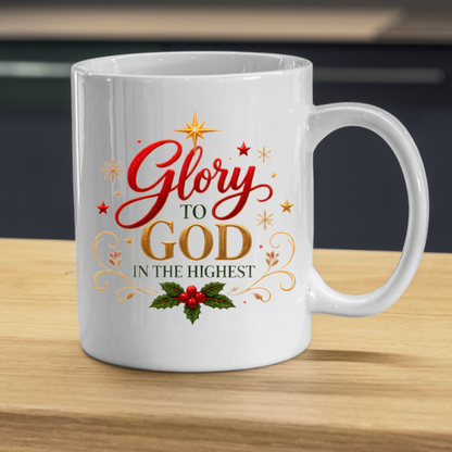 Christmas Mug "Glory To God In The Highest" Glory to God in the Highest 325ml Ceramic Coffee Mug – Festive Christian Typography Mug with Star Of Bethlehem Holly Gold Stars Holiday Gift | Available in Multicolours | Fast Dispatch by UK Seller (M3316)