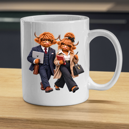 Corporate Mug "Professional Highland Cow Couple" 325ml Ceramic Coffee Mug – Stylish Highland Cow Couple in Suits Coat Holding Laptop Work Office Gift For Coworkers Professionals | Available in Multicolours | Fast Dispatch by UK Seller (M3264)