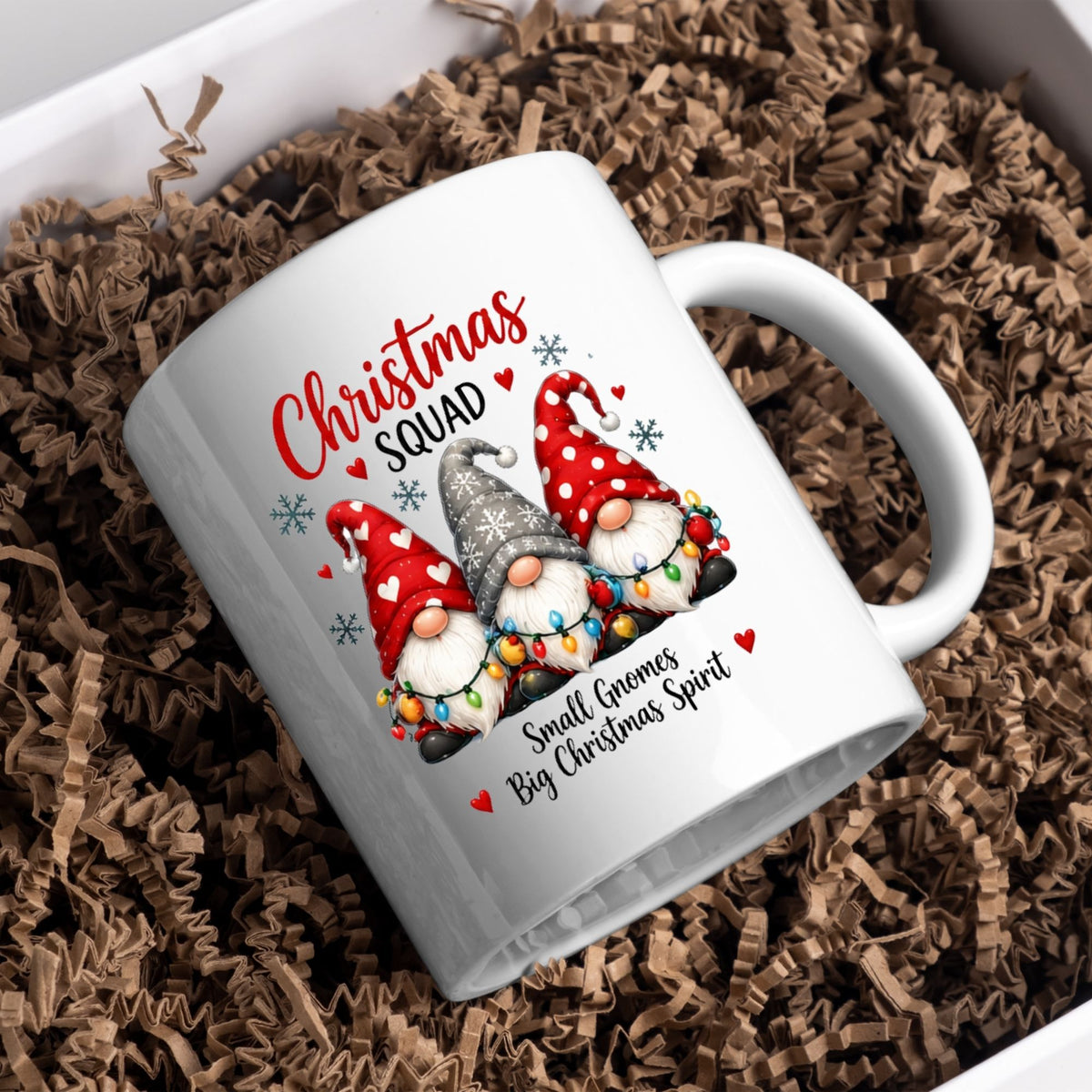 Festive Mug "Christmas Squad" Trio Gnomes 325ml Ceramic Coffee Mug – Cute Winter Holiday Tea Cup with String Lights & Hearts Gift | Available in Multicolours | Fast Dispatch by UK Seller (M1256)