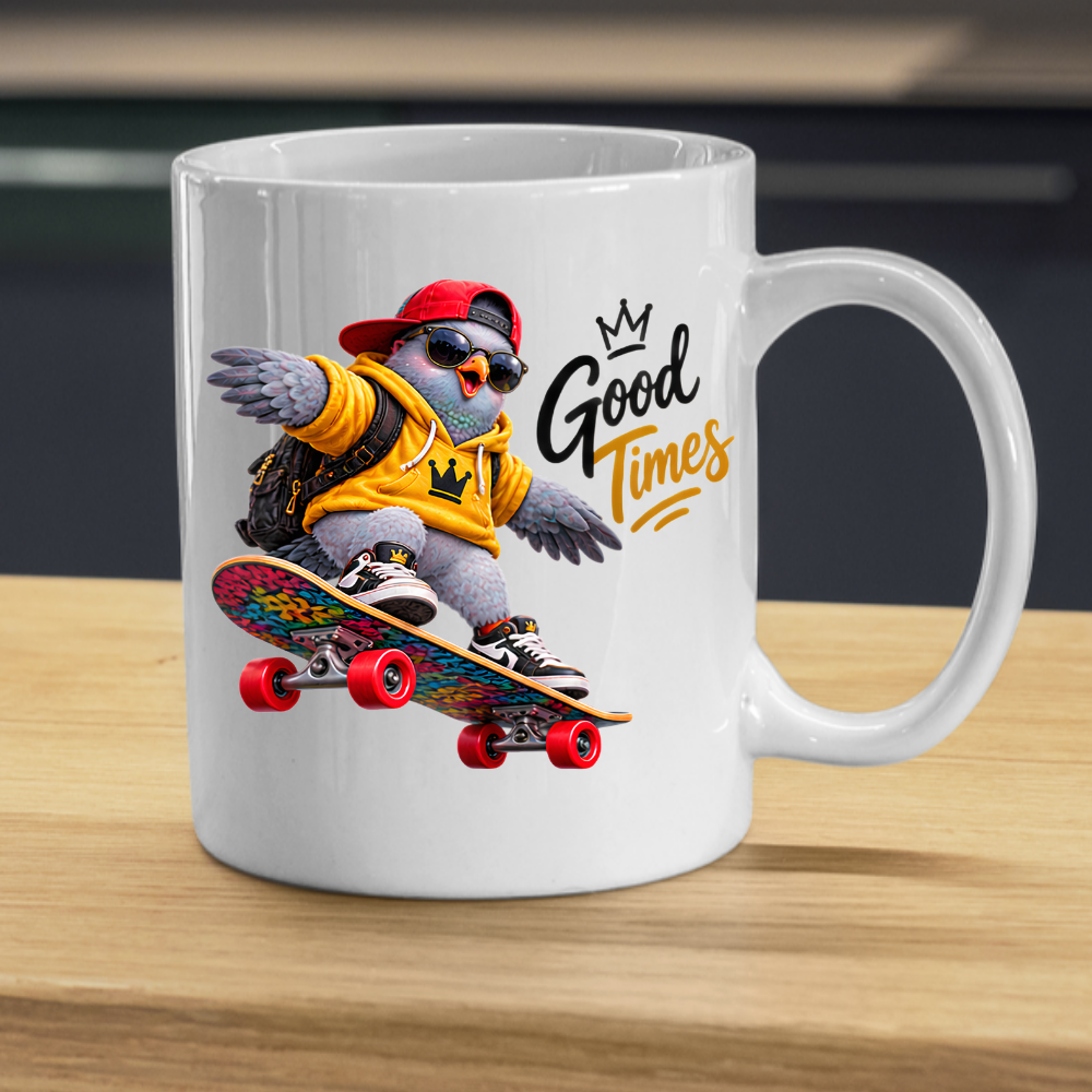 Skateboard Mug "Good Times Cool Pigeon" Good Times 325ml Ceramic Coffee Mug – Cool Skater Pigeon in Yellow Hoodie, Cap, Sunglasses & Skateboard Fun Gift For Skaters Friends | Available in Multicolours | Fast Dispatch by UK Seller (M3245)