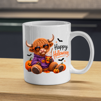 Halloween Mug "Cool Pumpkin Spice Happy Halloween" Cool Hoodie Highland Cow 325ml Ceramic Coffee Mug – Trendy Halloween Tea Cup with Pumpkin Sunglasses Iced Drink Graphic Gift | Available in Multicolours | Fast Dispatch by UK Seller (M3169)