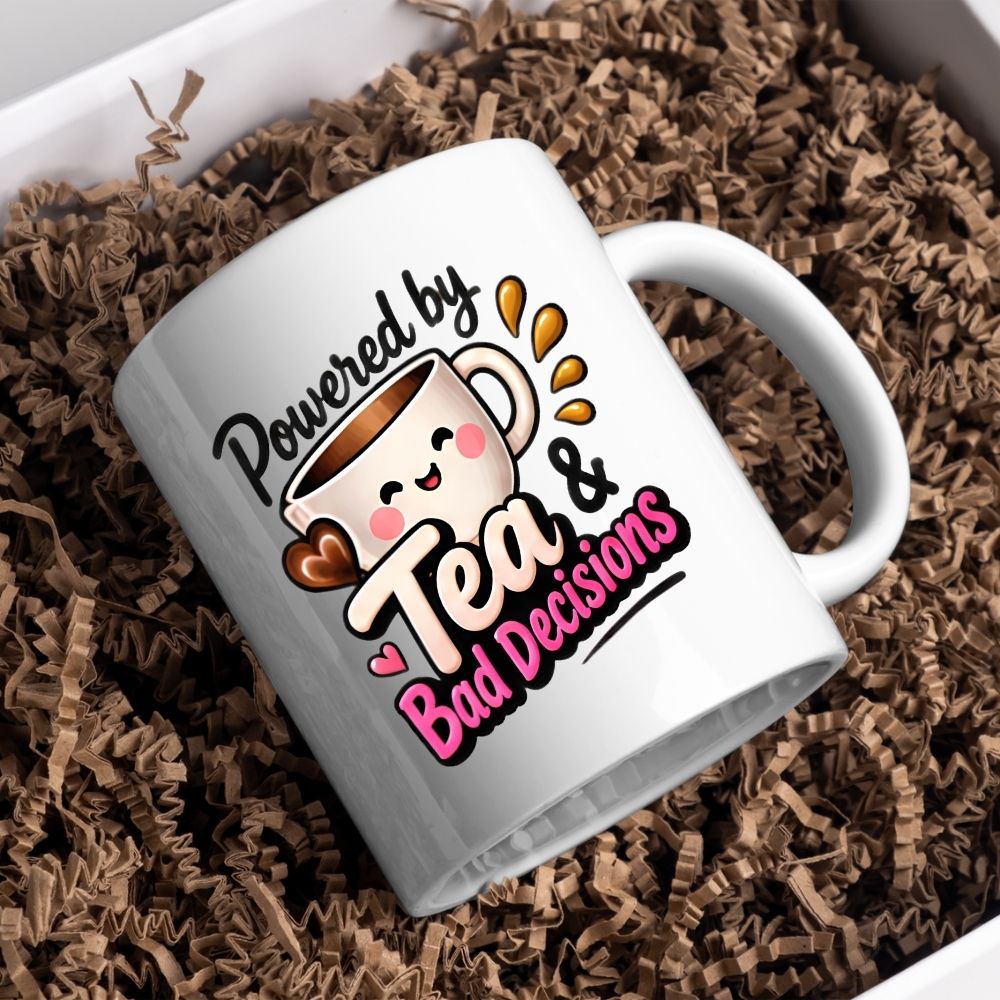 Humorous Mug "Powered by Tea & Bad Decisions" 325ml Ceramic Coffee Mug Cute Tea Lover Cup with Kawaii Smiling Teacup, Hearts & Splash Graphic Gift | Available in Multicolours | Fast Dispatch by UK Seller (M1300)