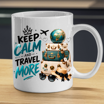 Travel Mug "Keep Calm And Travel More" 325ml Ceramic Coffee Tea Cup – Vintage Suitcases, Globe, Sunglasses & Slogan Novelty Gift for Travelers, Adventurers, Birthday – Fast Dispatch by UK Seller (M3508)