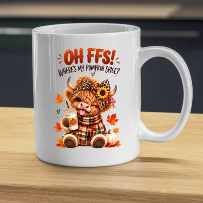Autumn Highland Cow Mug "Oh FFS! Where's My Pumpkin Spice?" Oh FFS! Where's My Pumpkin Spice? 325ml Ceramic Coffee Mug – Cute Highland Cow with Leopard Bow, Scarf & Pumpkin Coffee | Fall Coffee Lover Gift | Fast Dispatch by UK Seller (M3364)