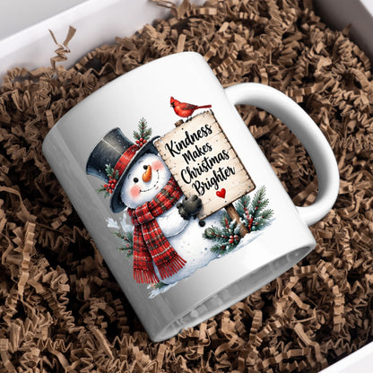 Heartwarming Mug "Kindness Makes Christmas Brighter" Snowman 325ml Ceramic Coffee Mug – Cute Winter Holiday Tea Cup with Top Hat, Cardinal Wooden Sign Gift | Available in Multicolours | Fast Dispatch by UK Seller (M1249)