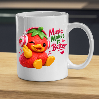 Music Mug "Music Makes It Better Strawberry Duck" 325ml Ceramic Coffee Mug – Cute Winking Strawberry Duck with Pink Headphones Peace Sign Fun Gift For Music Lovers Friends | Available in Multicolours | Fast Dispatch by UK Seller (M3251)