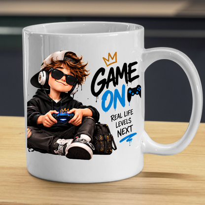 Gamer Mug "Game On" 325ml Ceramic Coffee Tea Cup – Cool Boy Graphic, Headphones, Controller & Slogan Novelty Gift for Gamers, Teens, Birthday – Fast Dispatch by UK Seller (M3502)