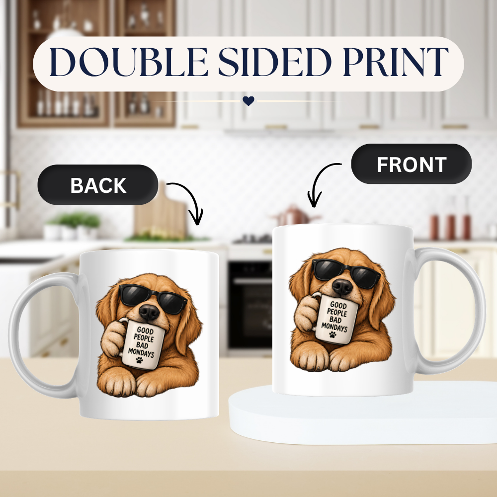 Funny Dog Mug "GOOD PEOPLE BAD MONDAYS" Cool Golden Retriever 325ml Ceramic Coffee Mug Sarcastic Puppy Tea Cup with Sunglasses & Mini Mug Graphic Gift | Available in Multicolours | Fast Dispatch by UK Seller (M3004)