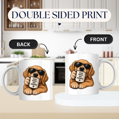 Funny Dog Mug "GOOD PEOPLE BAD MONDAYS" Cool Golden Retriever 325ml Ceramic Coffee Mug Sarcastic Puppy Tea Cup with Sunglasses & Mini Mug Graphic Gift | Available in Multicolours | Fast Dispatch by UK Seller (M3004)
