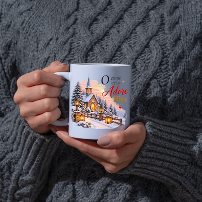 Christmas Mug "O Come Let Us Adore Him Luke 2:11" O Come Let Us Adore Him 325ml Ceramic Coffee Mug – Festive Winter Church Scene Mug with Lanterns Snow Dusted Trees Holiday Gift | Available in Multicolours | Fast Dispatch by UK Seller (M3322)
