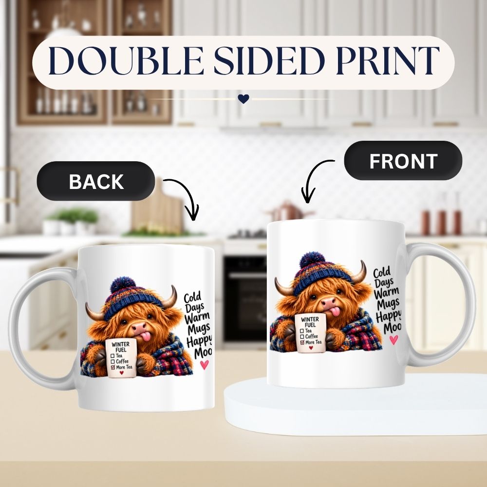 Cozy Mug "Cold Days Warm Mugs Happy Moo" Highland Cow 325ml Ceramic Coffee Mug – Winter Fuel Tea Cup with Knitted Beanie, Scarf & Hearts Gift | Available in Multicolours | Fast Dispatch by UK Seller (M1280)